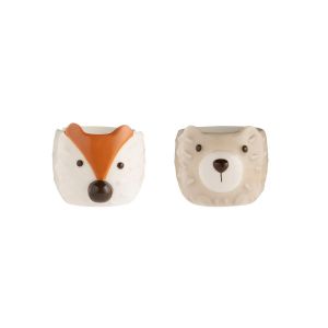 Pair of high-quality ceramic egg cups, designed as fox and bear woodland characters.