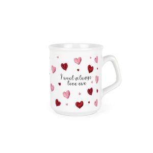White ceramic mug with knitted pink and red hearts design, and caption 'I wool always love ewe'