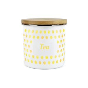 a yellow spotty tea storage canister made from enamel with a bamboo lid